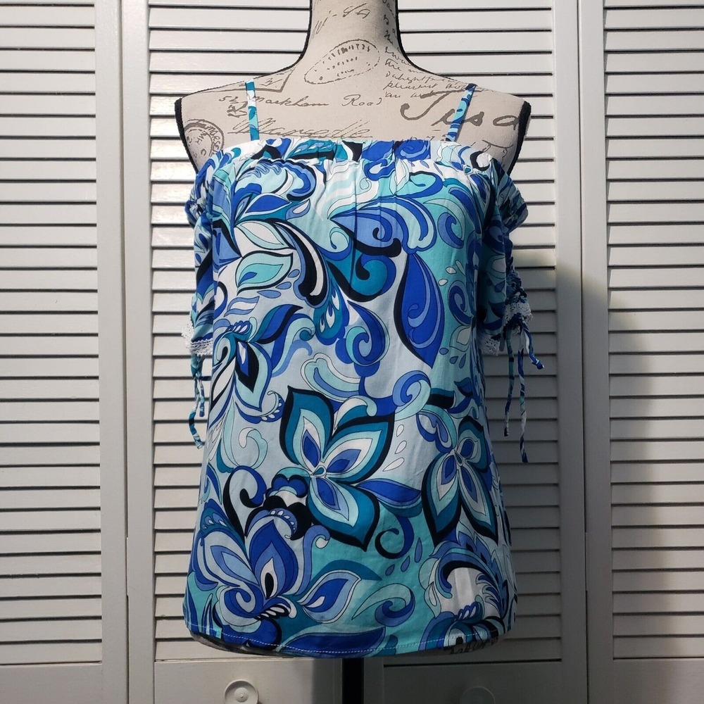 BCX Off Shoulder Top Women's Small Blue‎ Floral Cinched Short Sleeve Lace Trim